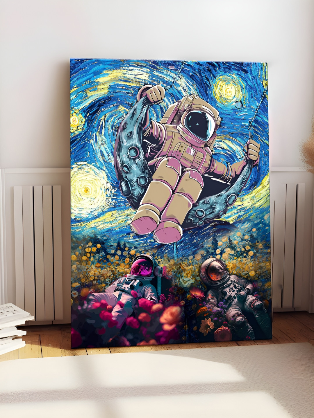 Myntra Elegant Homes Cream-Coloured & Blue Three Space Astronauts Canvas Wall Art