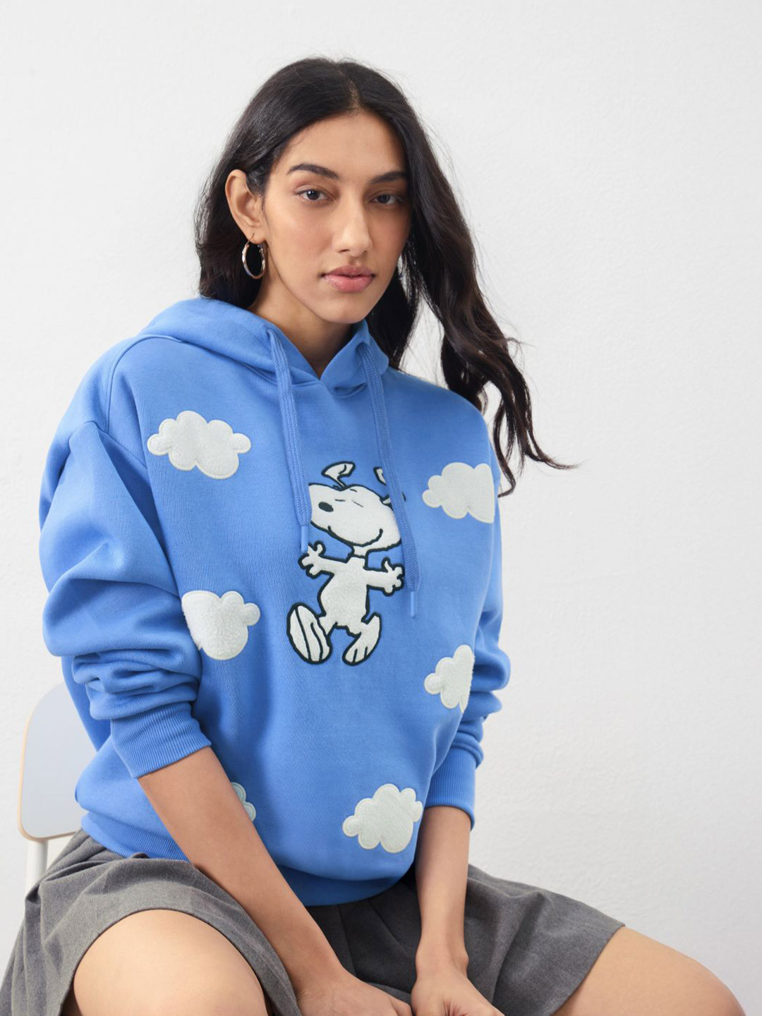 The Souled Store Women Graphic Cloudy Embroidered Hooded Pullover Sweatshirt