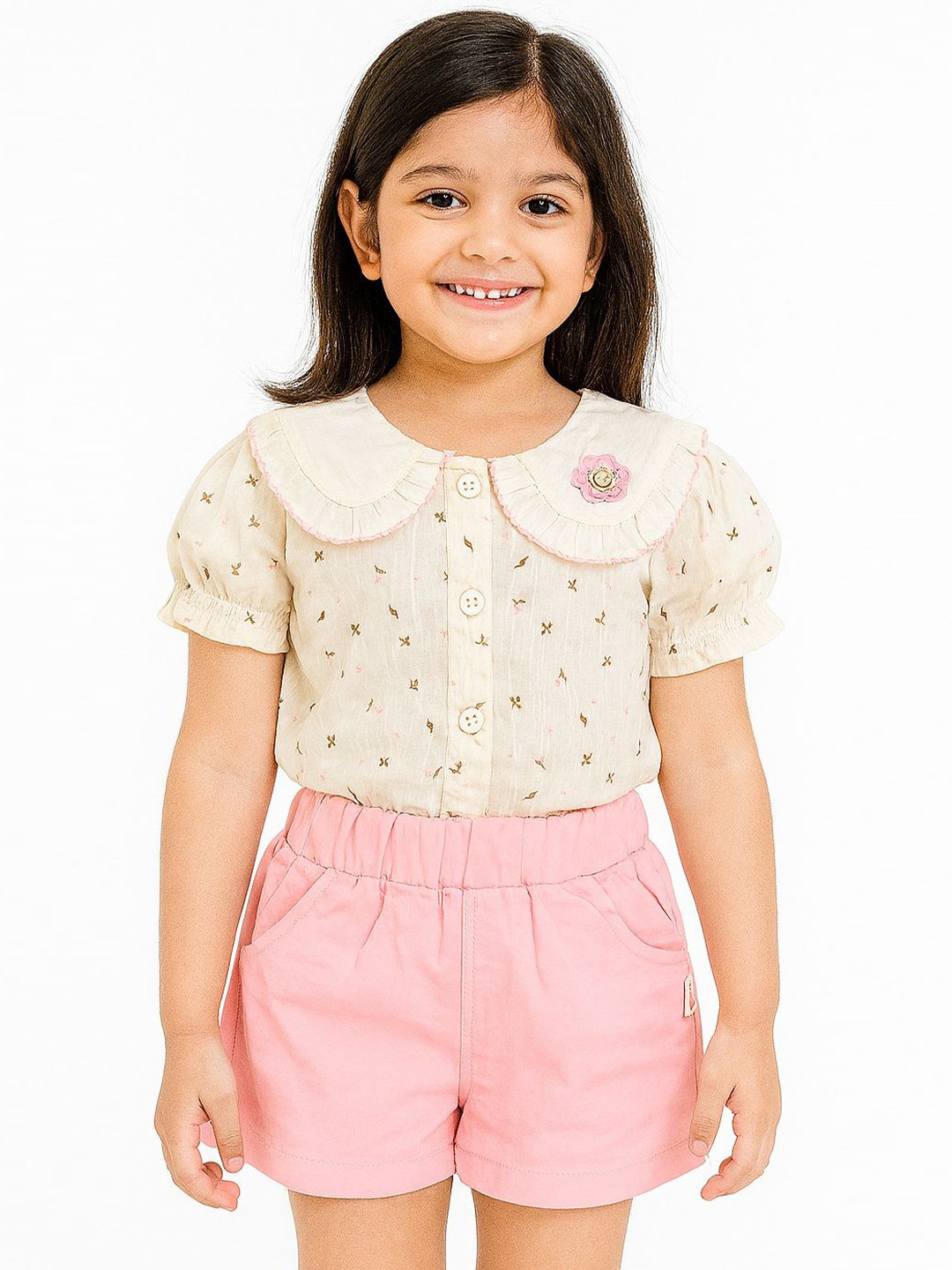 POP STREET KIDS Vintageinspired Girls Floral Printed Peter Pan Collar Top With Shorts