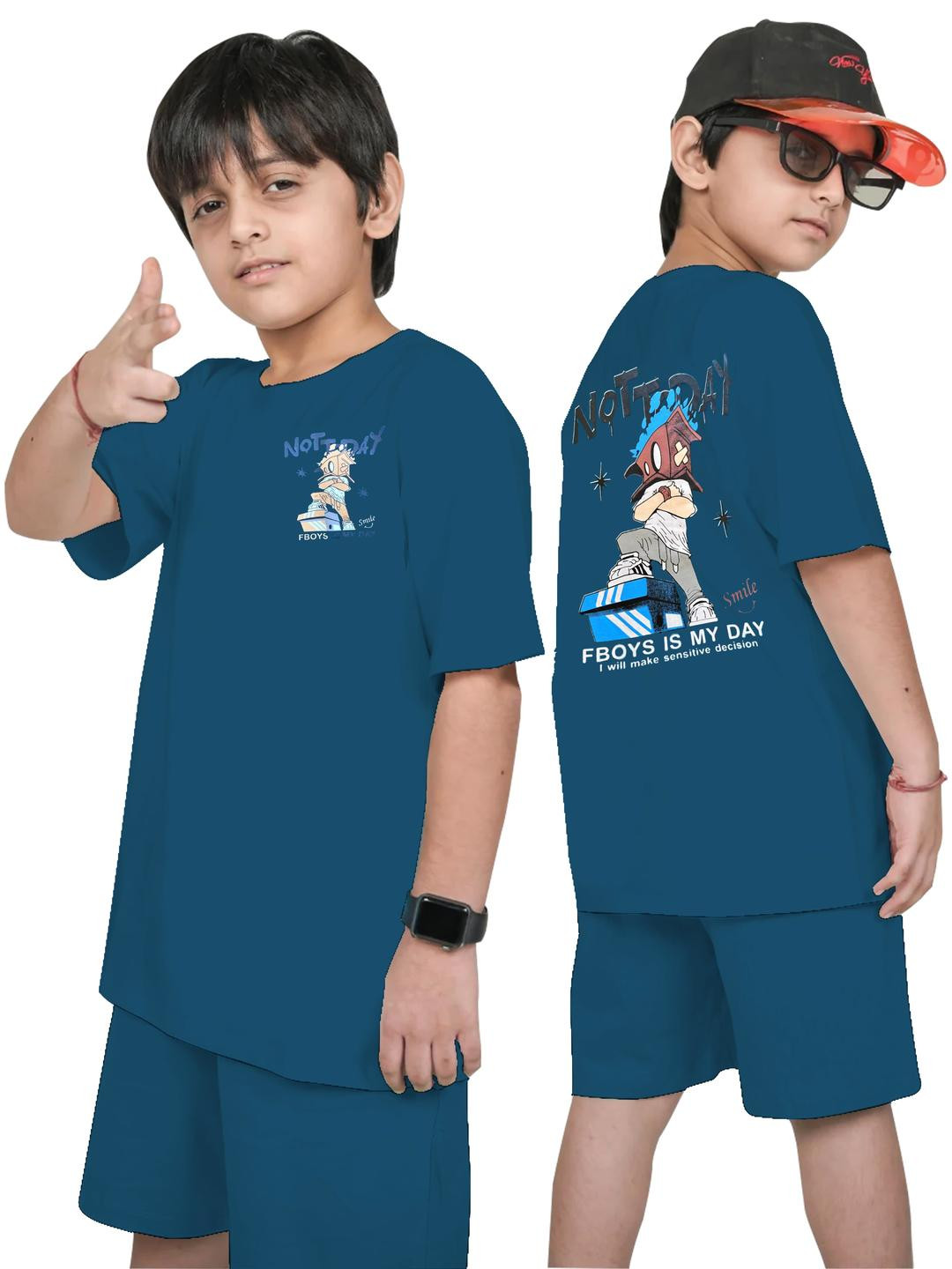 VIVEX Boys Petrol Green Printed Cotton T-shirt with Shorts