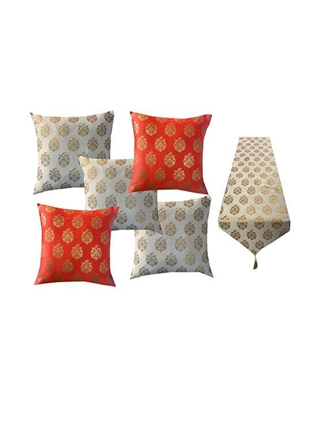 Pink Parrot Red Gold & Grey Printed Jacquard Silk Table Runner & 5 Pcs Of Cushion Covers