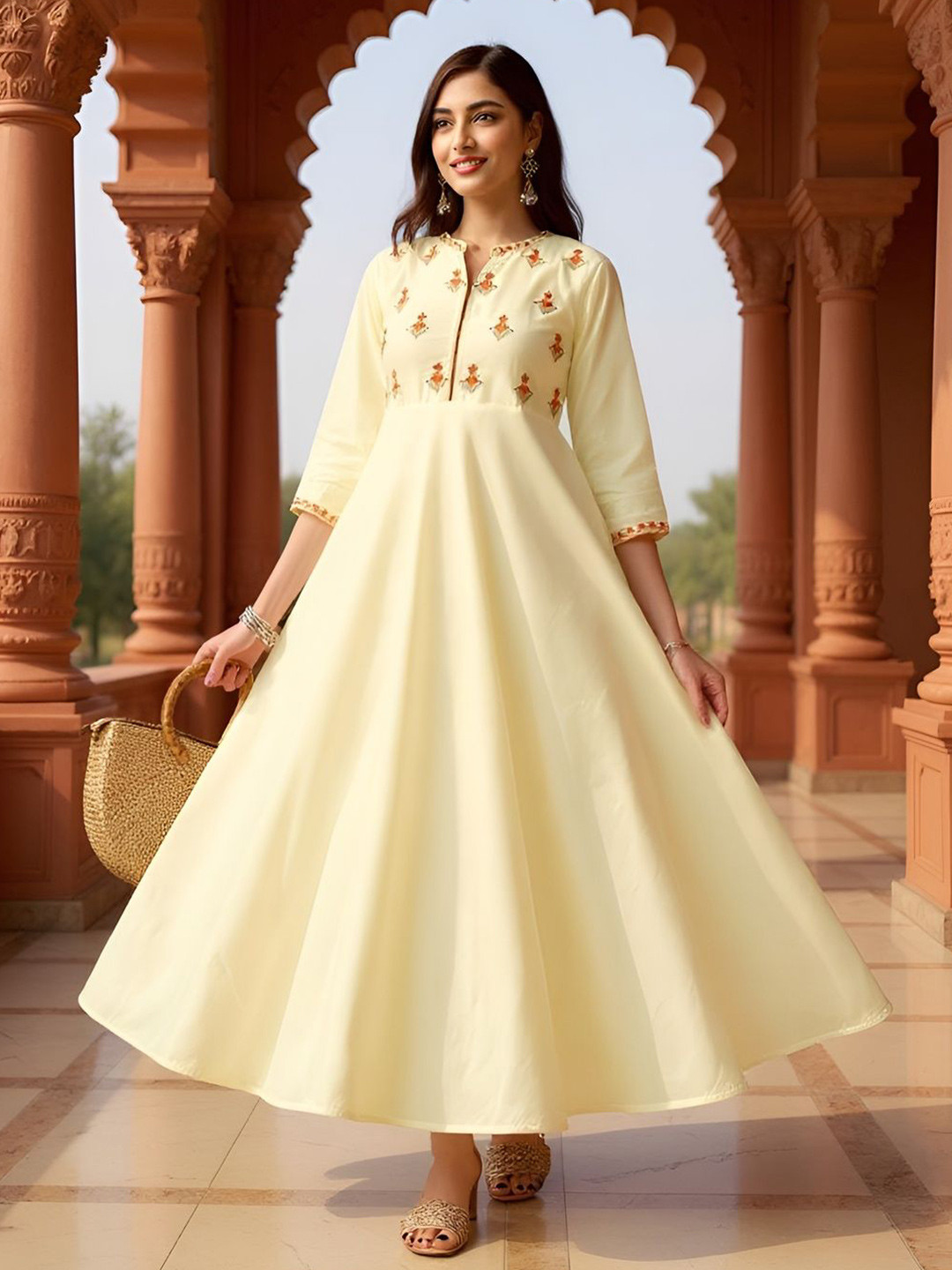 SZN Ethnic Motifs Yoke Design Mandarin Collar Empire Thread Work Maxi Ethnic Dress
