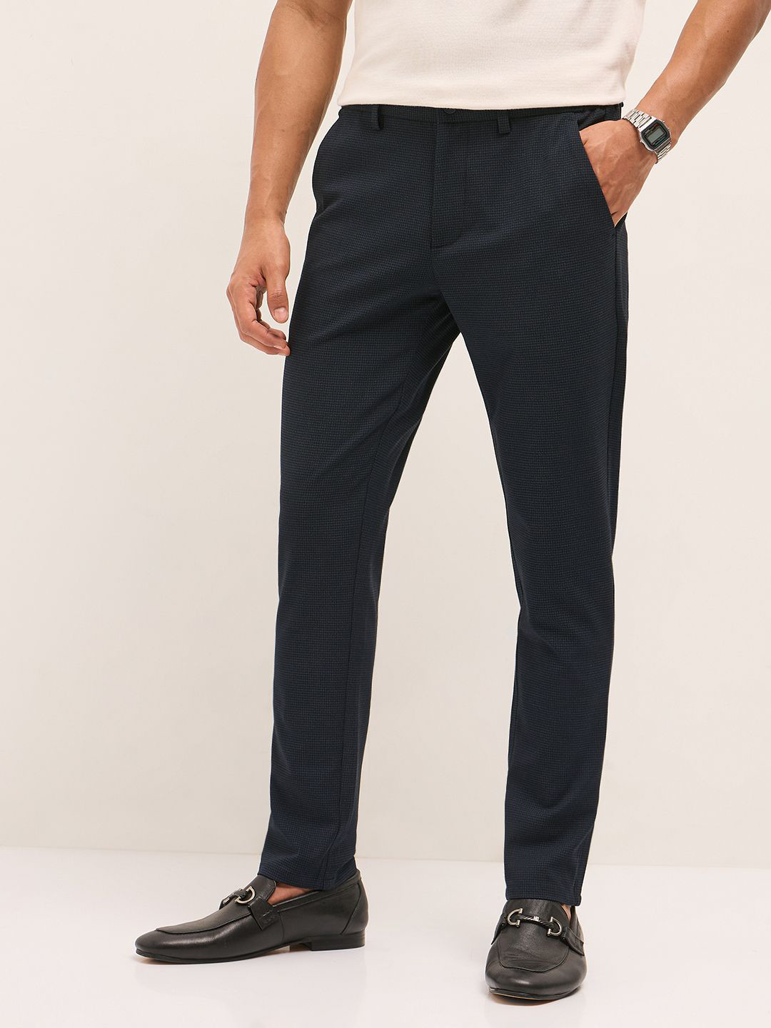 THE BEAR HOUSE Men Slim Fit Formal Trouser With Side-Elasticated Waistband
