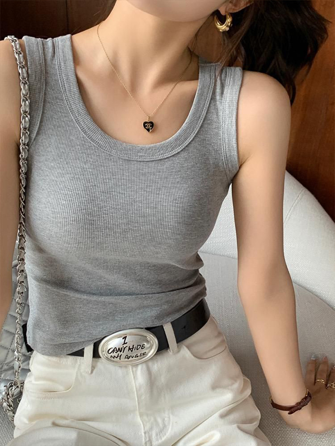 Miss Mosa By Akanksha  Stormie Tank Top With Inbuilt Bra In LightGrey