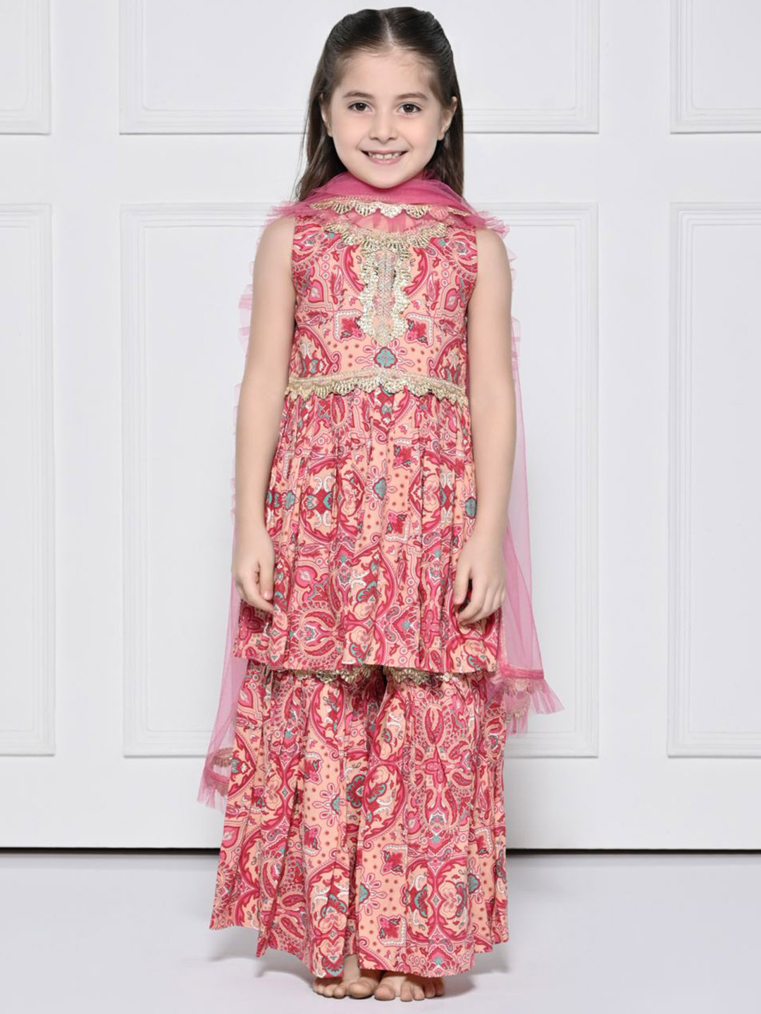 THE PONY & PEONY CO. Peach and Pink Sleeveless Suit For Girls