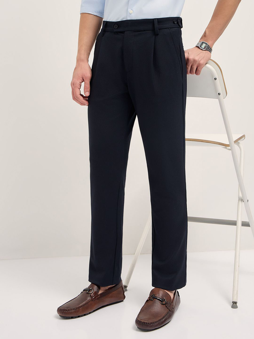 THE BEAR HOUSE Men Textured Regular Fit Mid-Rise Pleated Formal Trousers