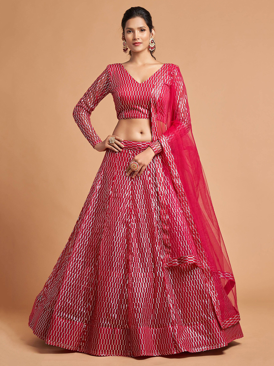 ETHNIC PLUS Embroidered Net Sequin Semi-Stitched Lehenga & Unstitched Blouse With Dupatta