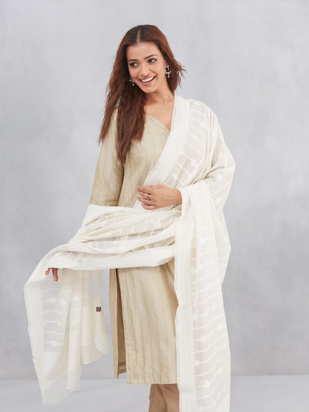 Fabindia Geometric Woven Design Zari Cotton Silk Banarsi Dupatta