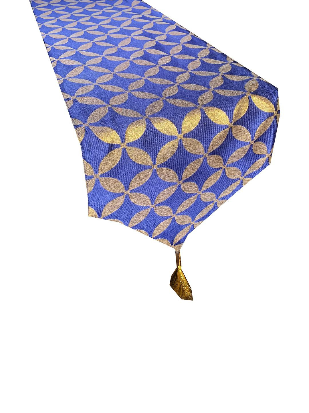 Pink Parrot Blue & Gold Printed Jacquard Silk Table Runner