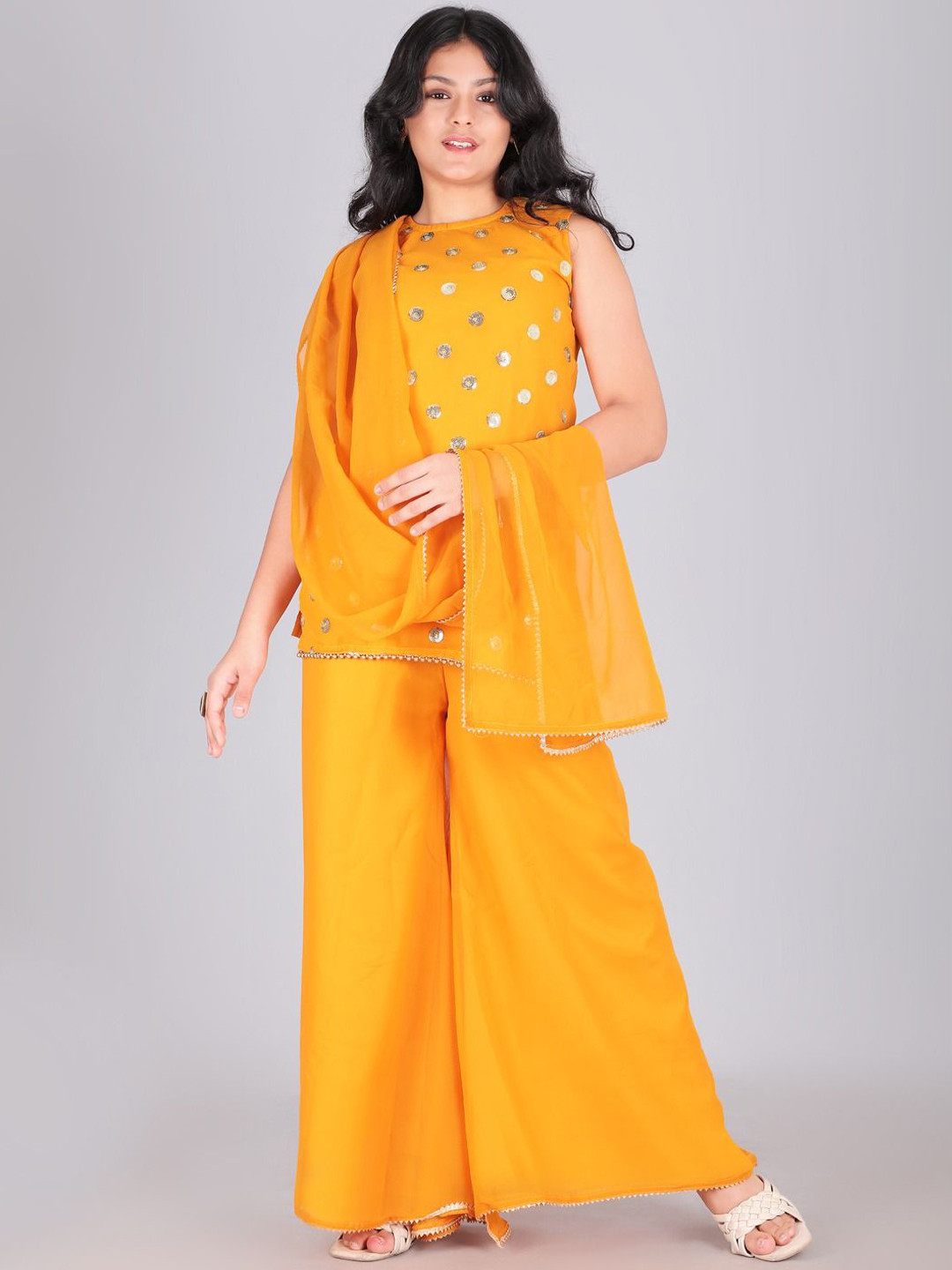 Aarya Designer Girls Woven Design Embroidered A-Line Kurti with Palazzos & Dupatta