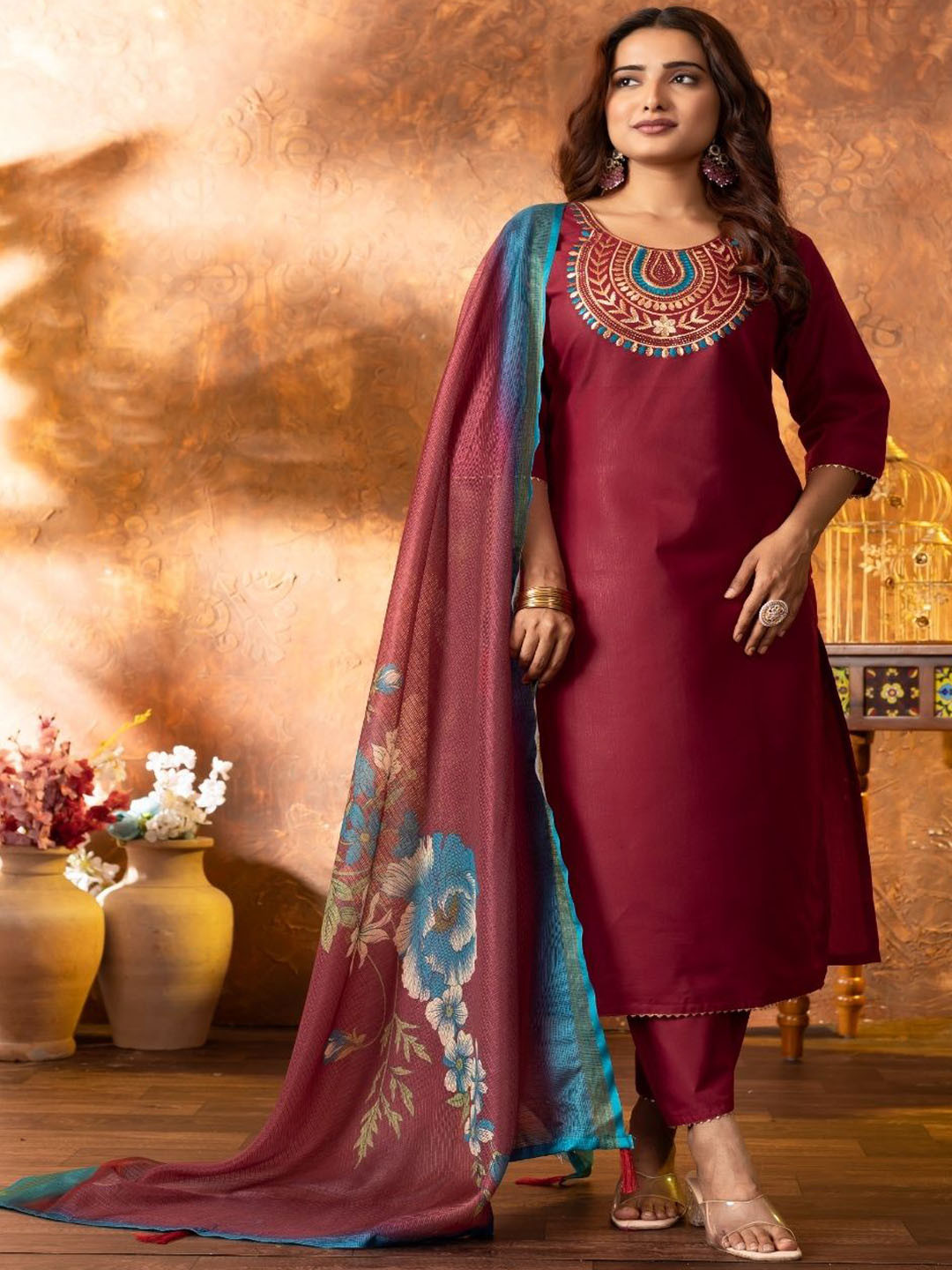 Fairypink Floral Yoke Design Cotton Silk Straight Kurta With Trousers & Dupatta