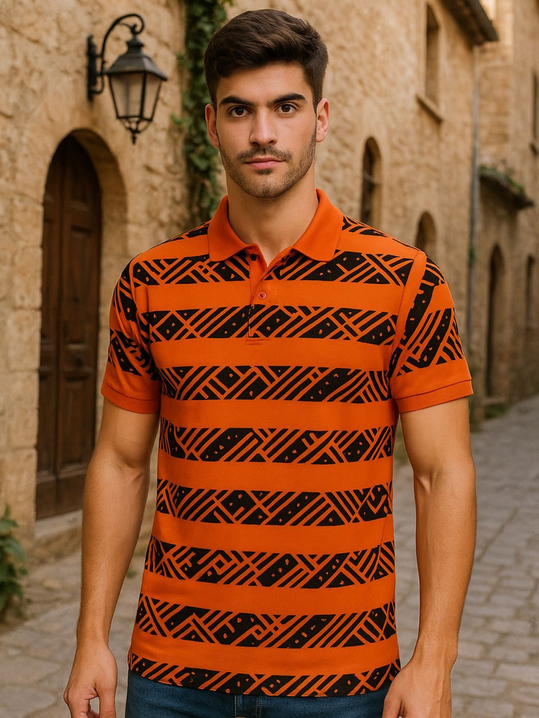 Orange & Black Graphic Printed Polo Collar T-shirt