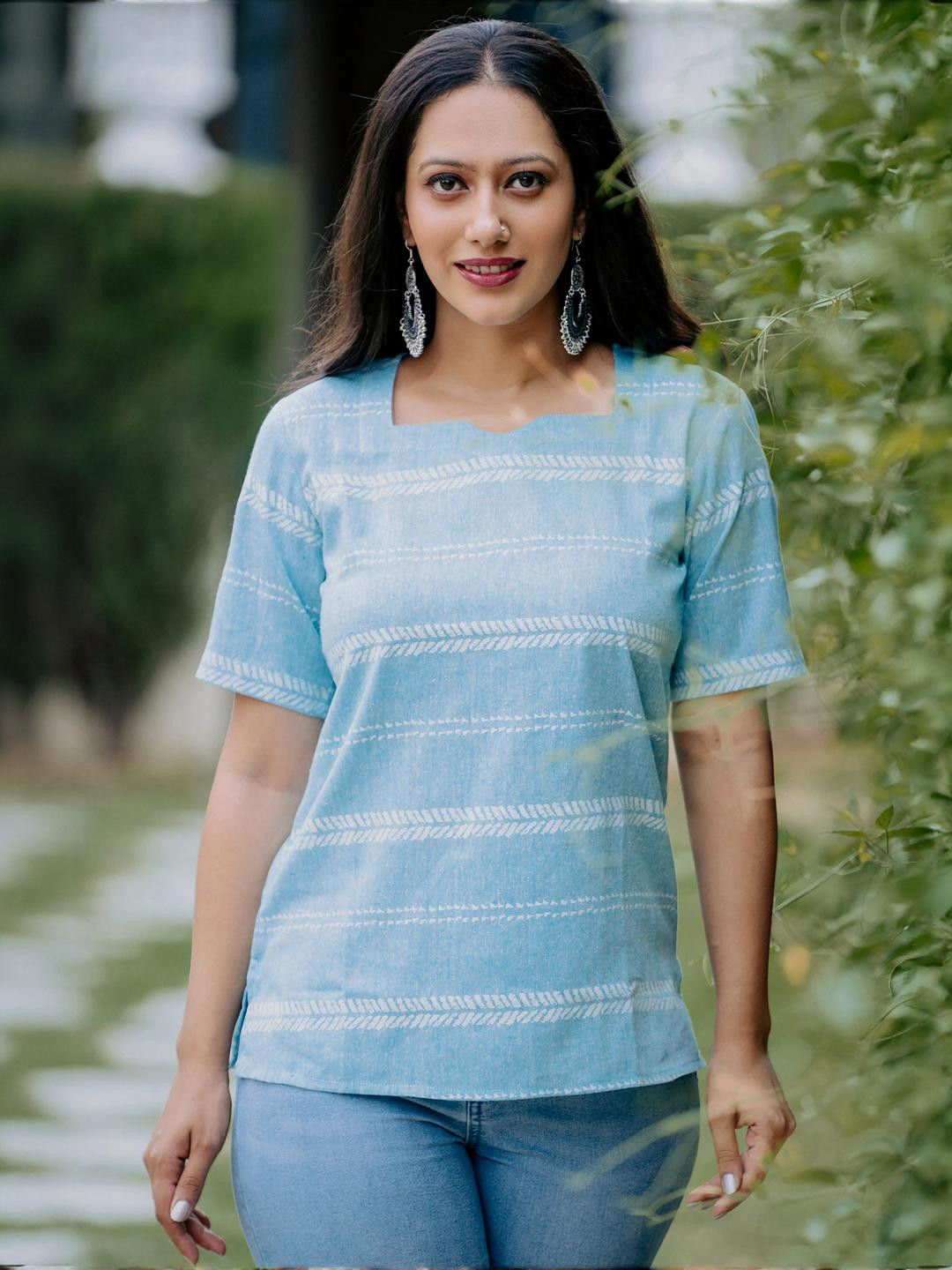 Indiwest Light Blue Printed Cotton Top