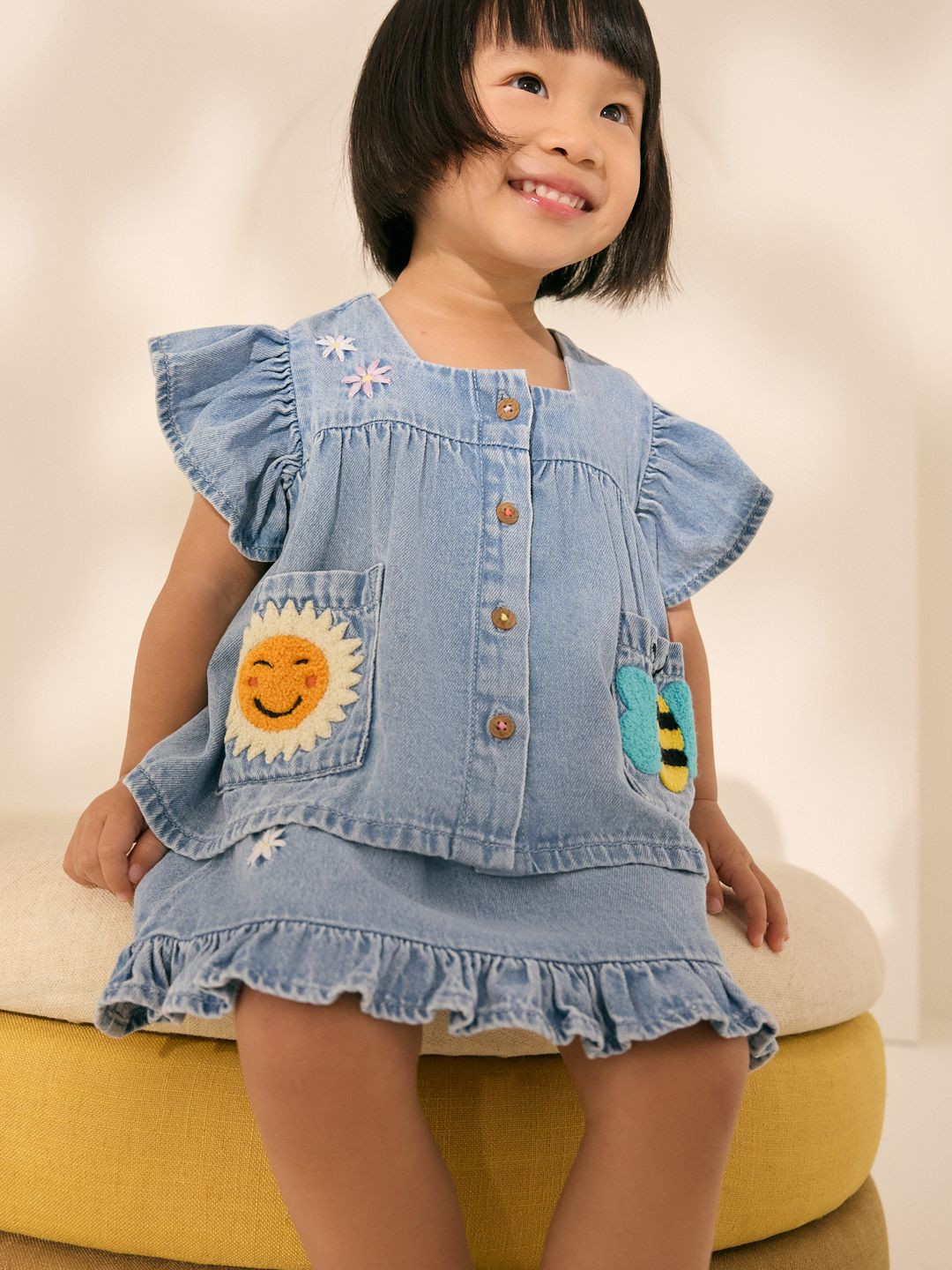 NEXT Girls Denim Applique & Ruffles Pure Cotton Top with Floral Embroidered Skirt