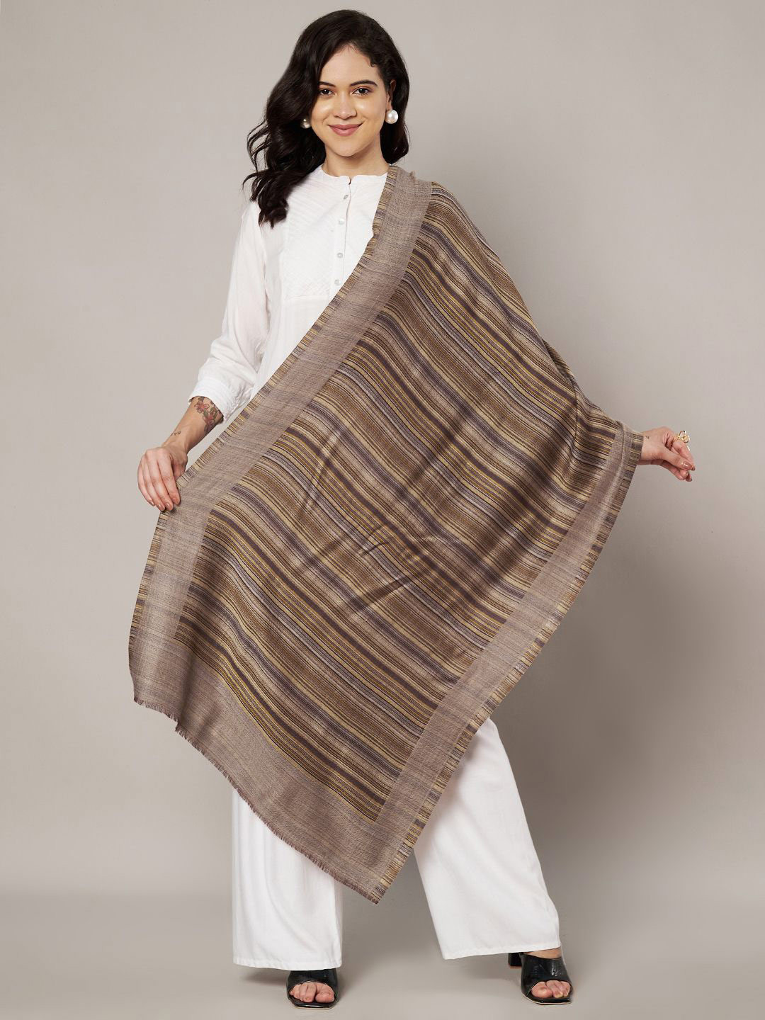 MUFFLY Women Striped Fine Wool Stole Stole with Frayed Border