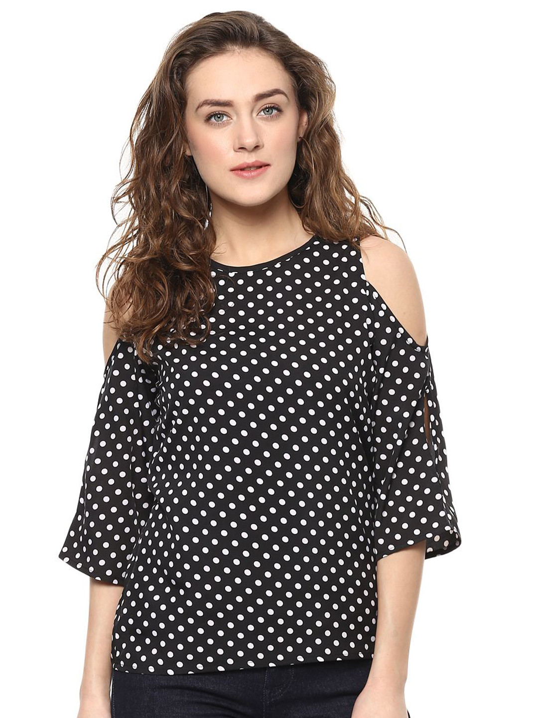 R.Code by The Roadster Life Co. Women Polka Dot Cold-Shoulder Top