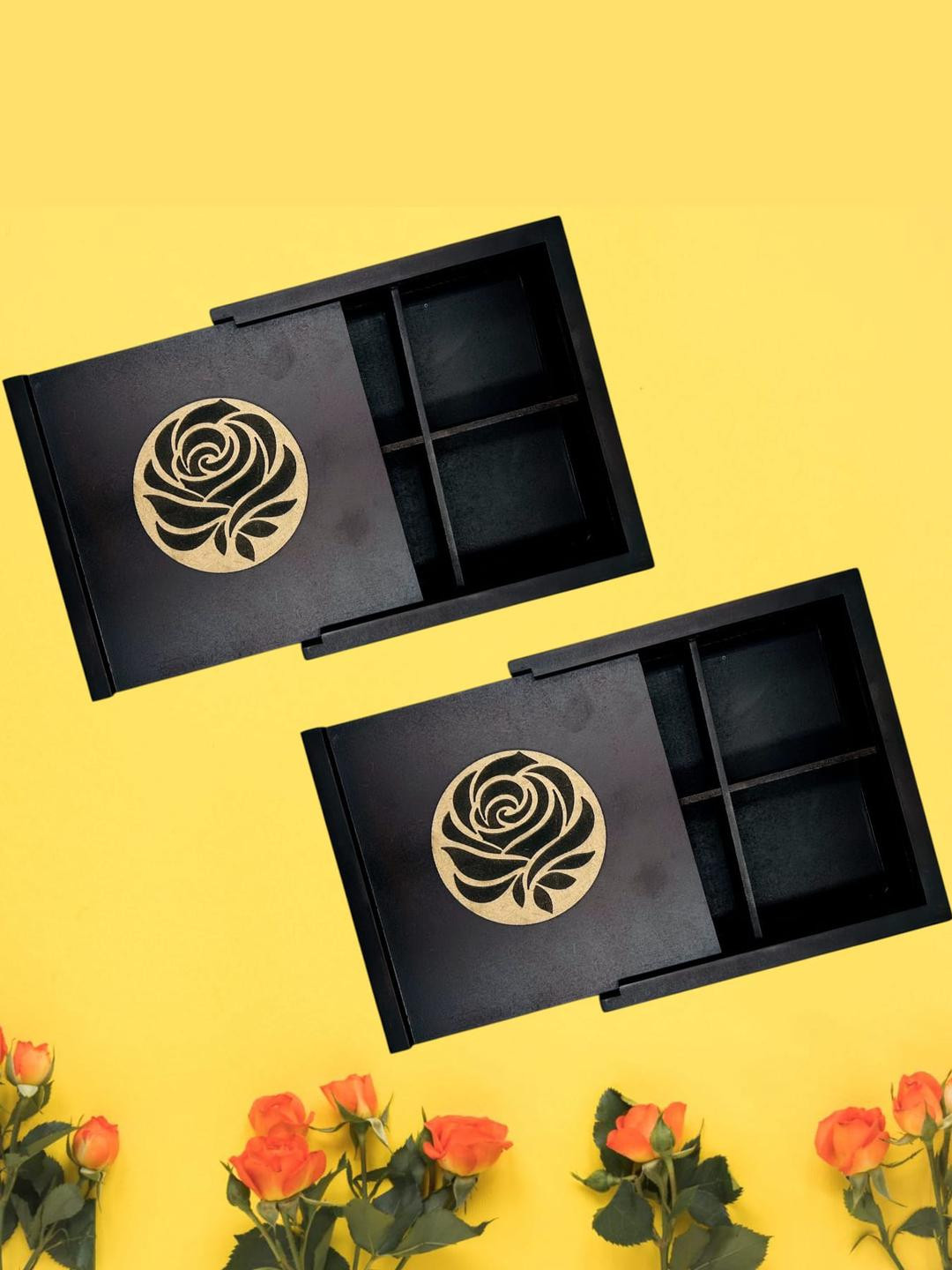 Angira handicrafts Pack of 2 Wooden Multipurpose 4 Section Storage Box