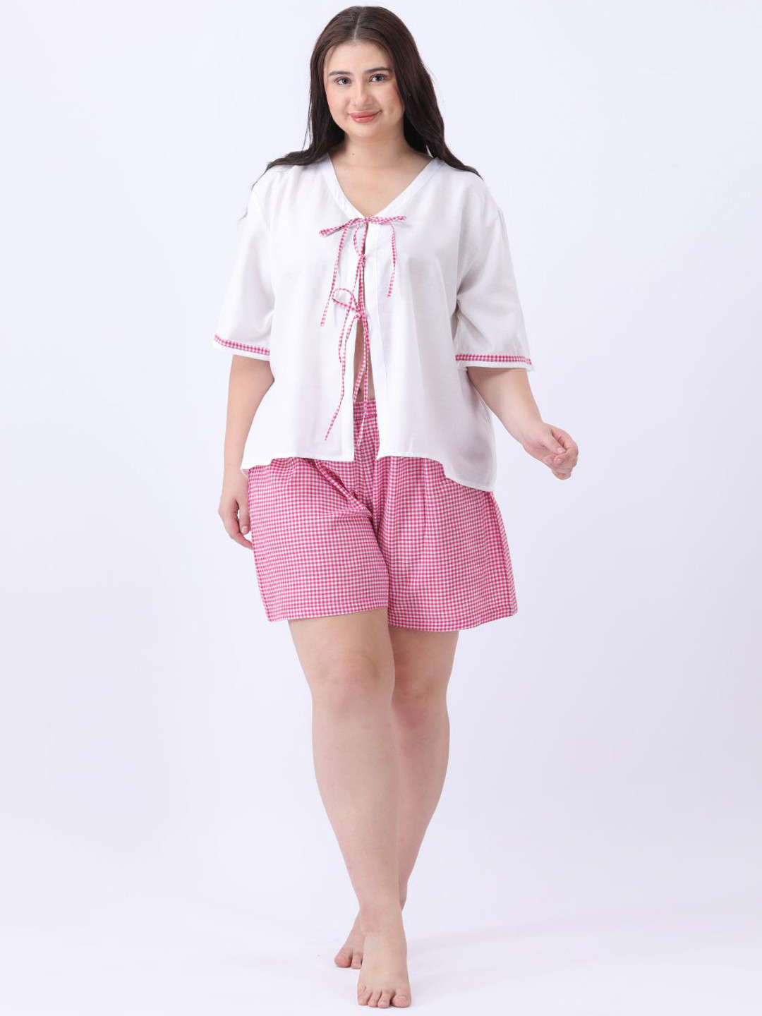 Qurvii+ Women Checked V-Neck Top & Shorts Co-rds Set