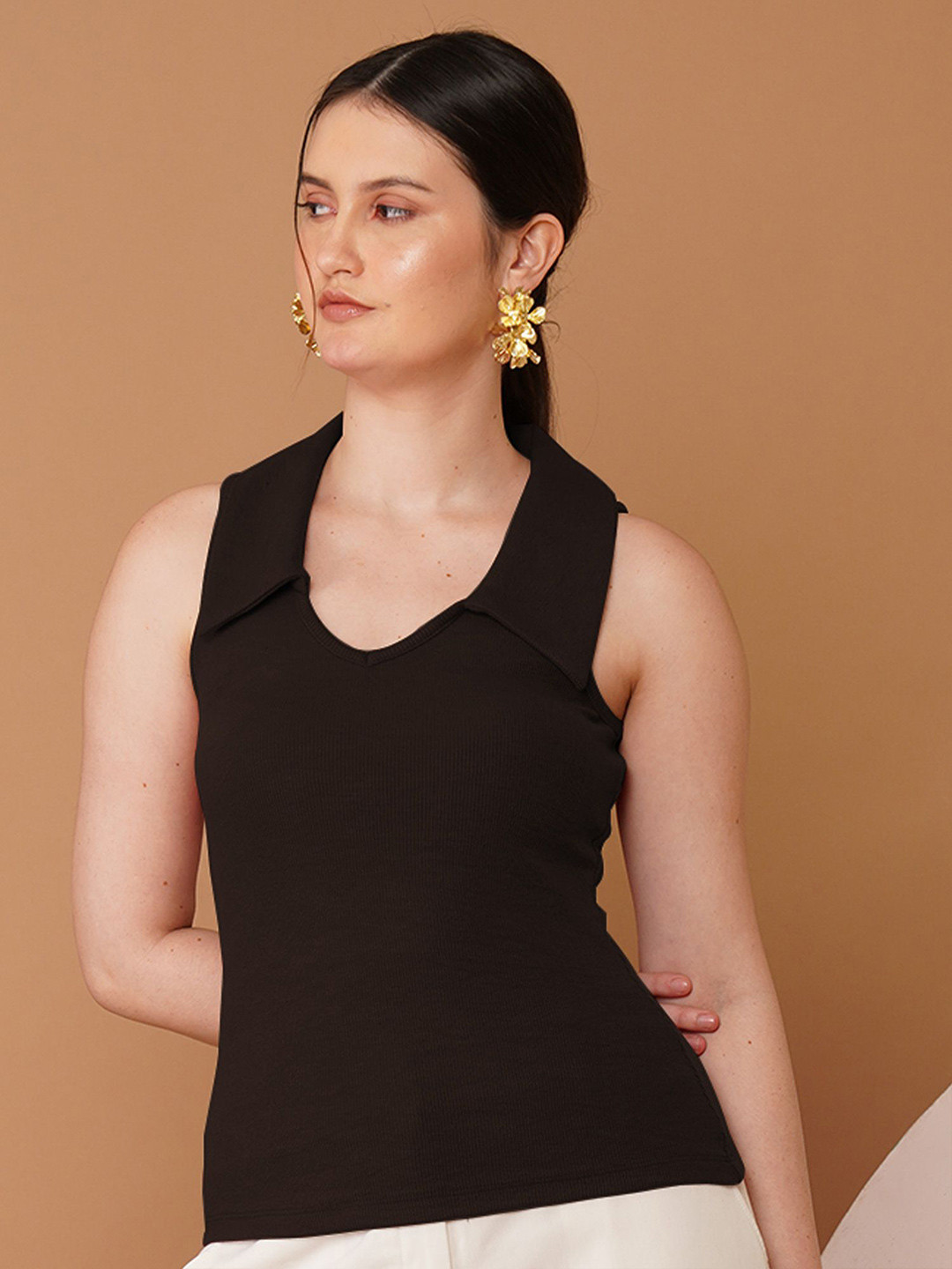 Chemistry Women Ribbed Above the Keyboard Collar Fitted Cotton Top