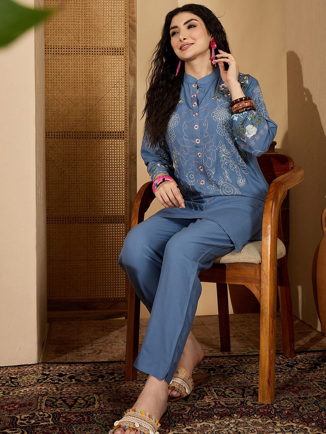 Sangria Embroidered Mandarin Collar Tunic & Trousers Co-Ords