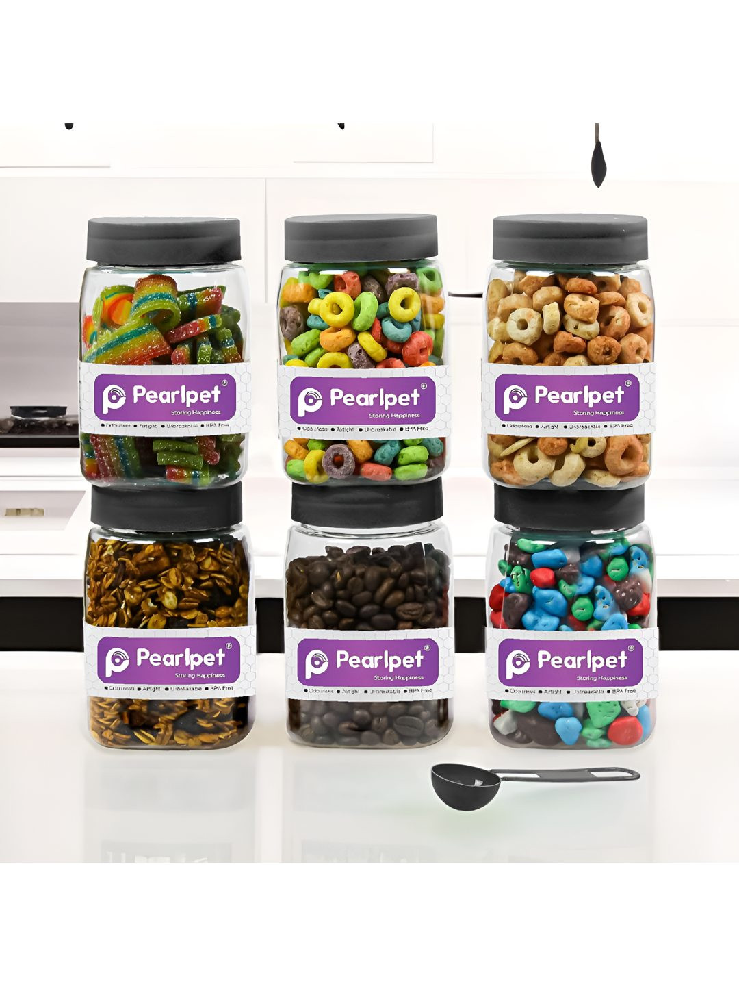 Pearlpet Black & Transparent 6 Pieces Easy To Clean Food Storage Containers 600 ml