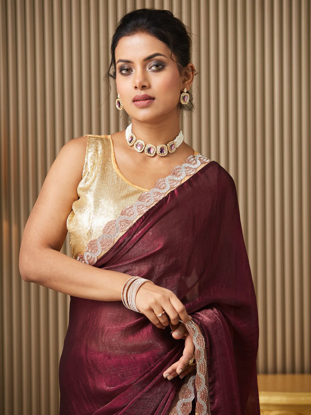 Mitera Pure Chiffon Saree with Beads and Stones Border & Blouse Piece