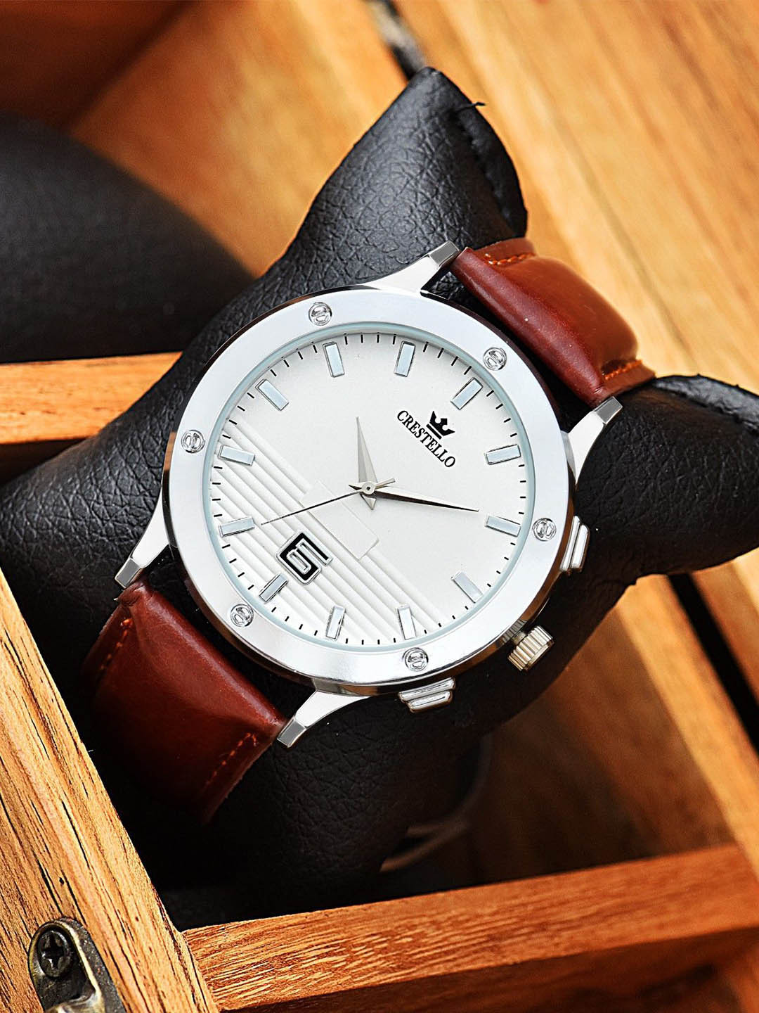 CRESTELLO Men Dial & Leather Straps Analogue Watch CR-G247-WHT-BRW