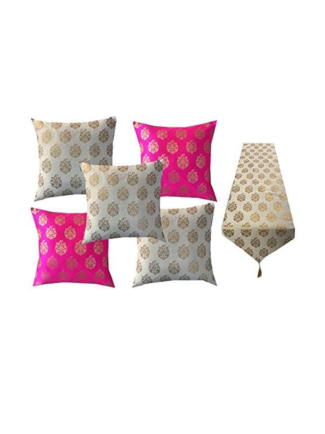 Pink Parrot Grey 5 Pieces Ethnic Printed Jacquard Silk Cushion Covers & Table Runner