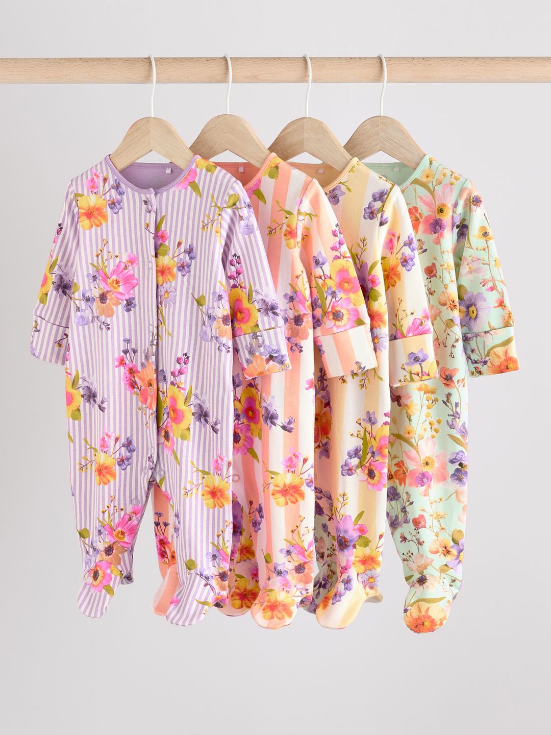 NEXT Infants Pack of 4 Floral Print Two Pure Cotton Sleepsuit