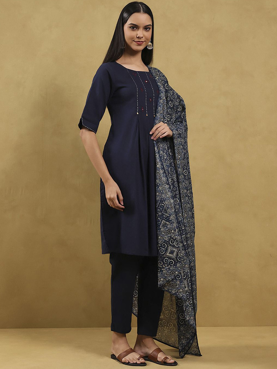 Rangriti Floral Embroidered Mirror Work Pure Cotton Kurta With Trousers & Dupatta