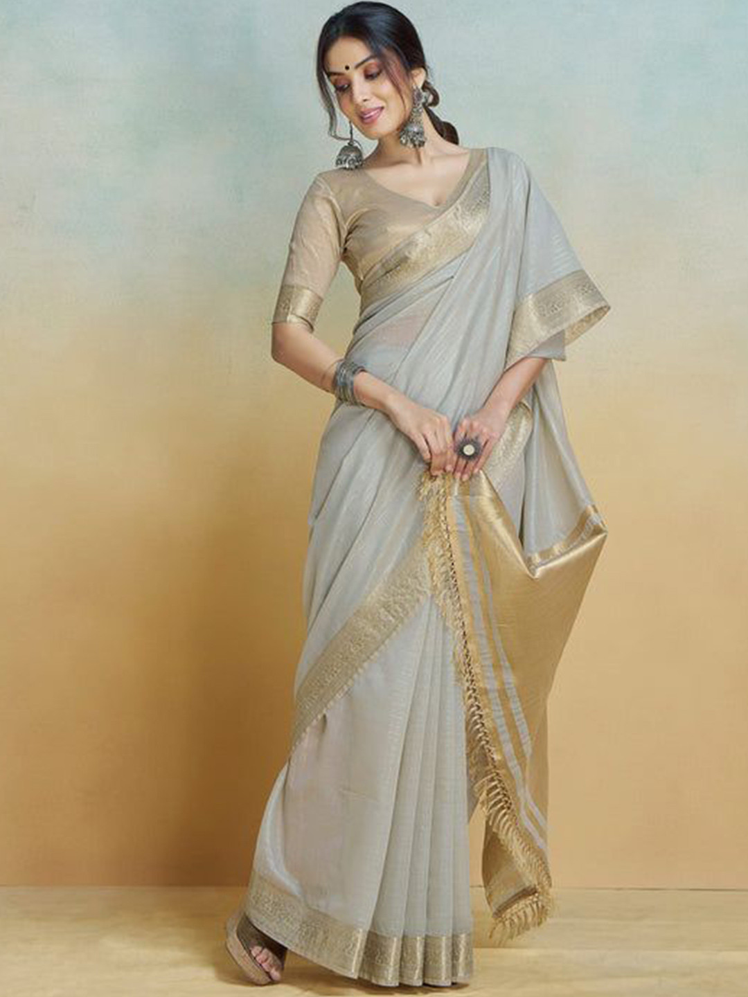 Kalaashree Zari Silk Saree With Woven Design Border & Unstitched Blouse