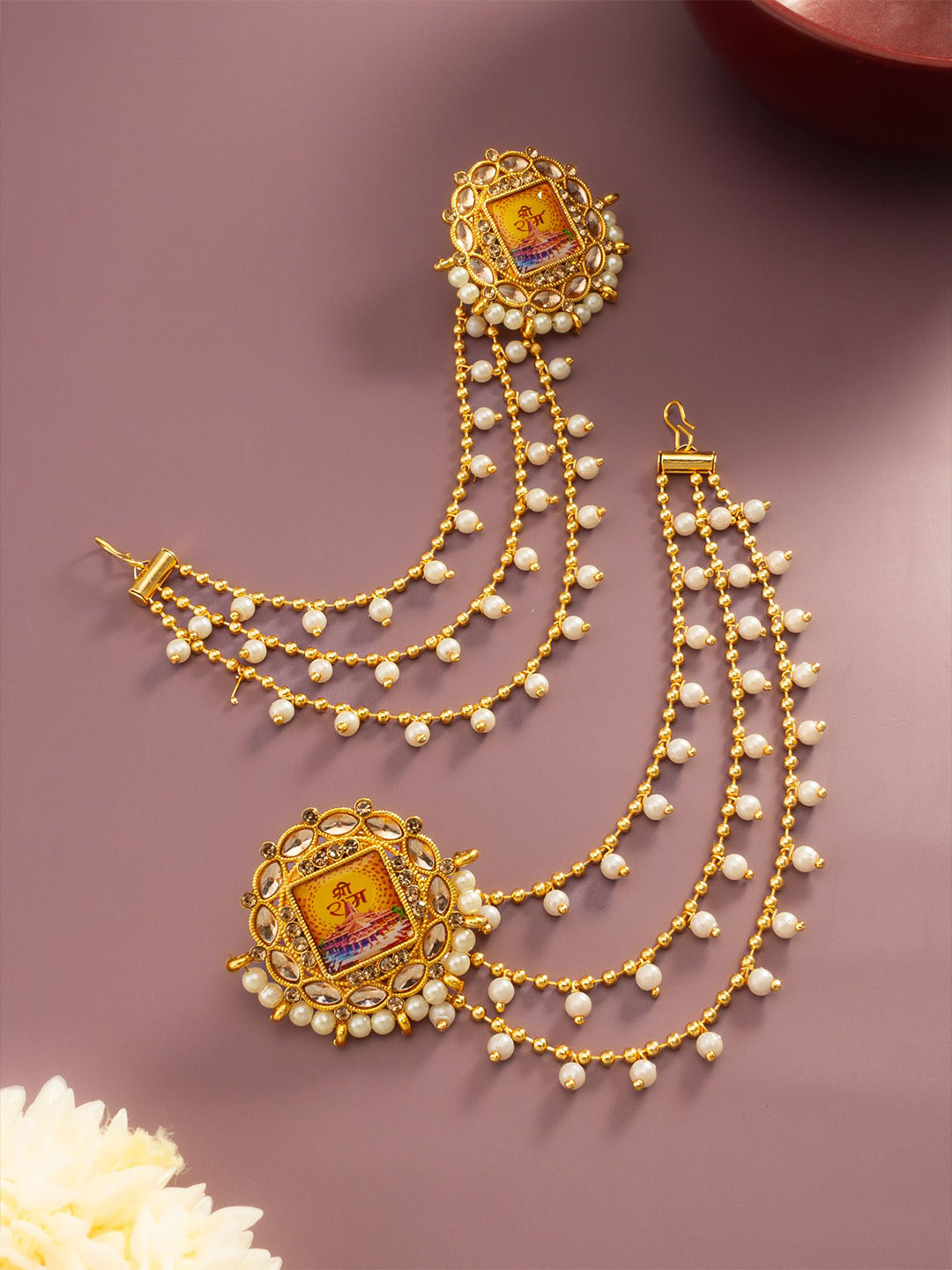 Anouk Gold Plated Kundan Studded And Pearls Beaded Circular Temple Studs With Ear Chain