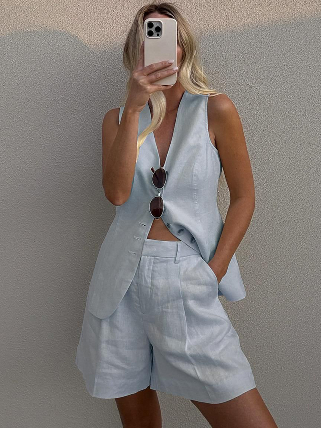 Miss Mosa By Akanksha  Russell Statement Linen Vest Coord Set In Blue