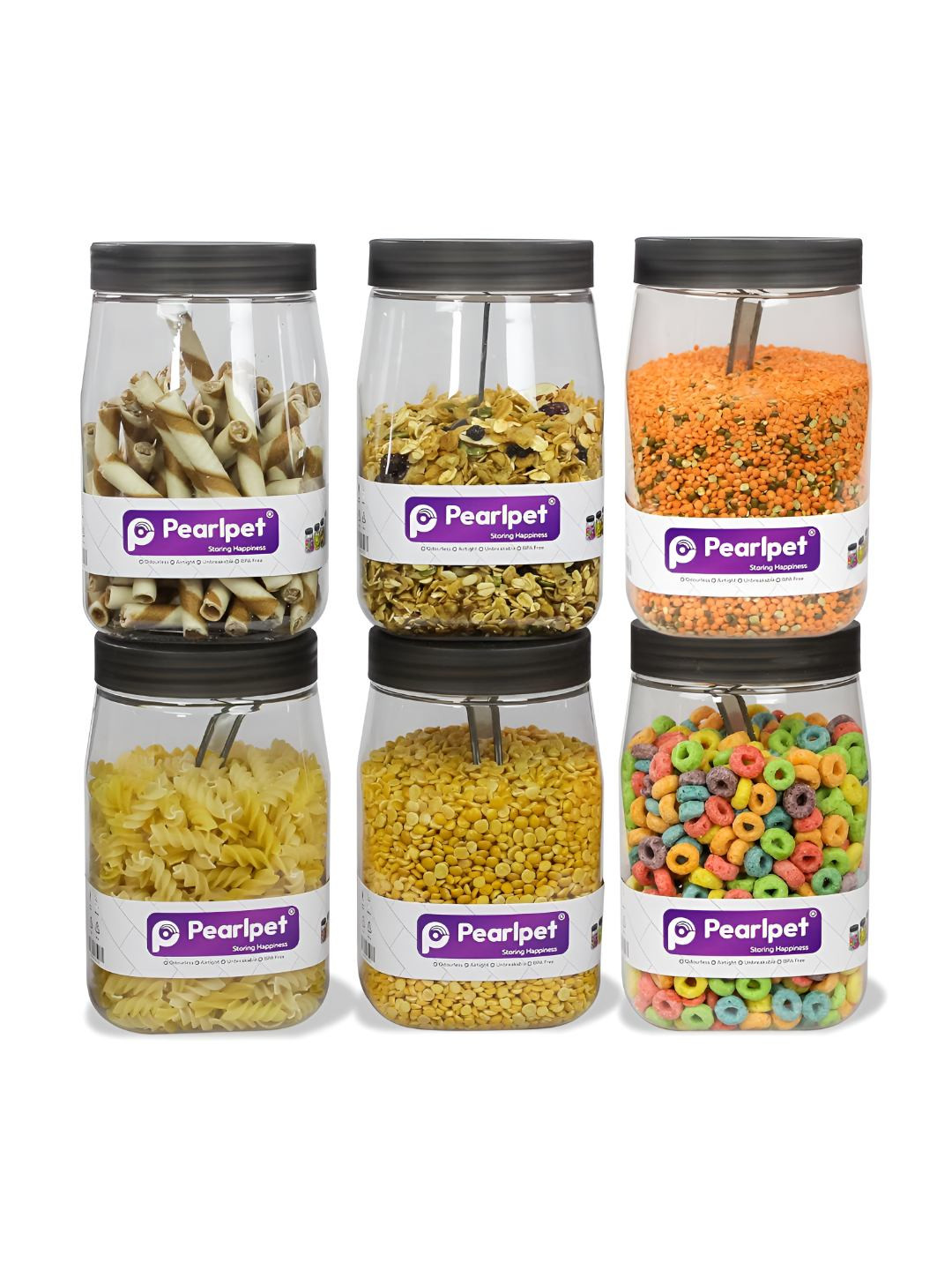 Pearlpet Black & Transparent 6 Pieces Easy To Clean Food Storage Containers 800 ml