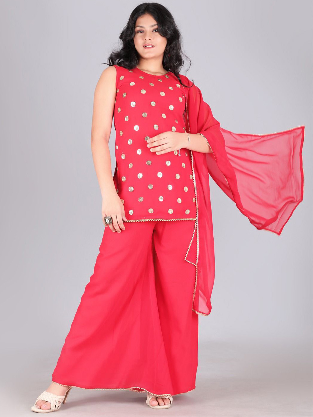 Aarya Designer Girls Woven Design Embroidered A-Line Kurta with Palazzos & Dupatta