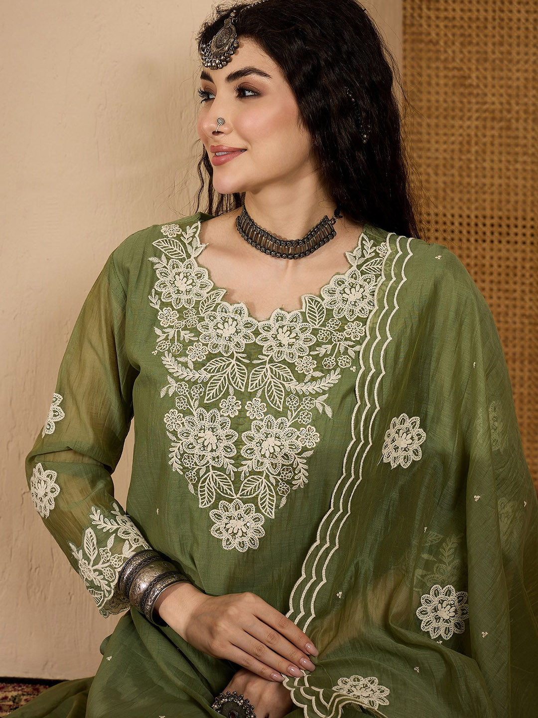 Sangria Floral Embroidered Straight Kurta Trouser & Dupatta Set
