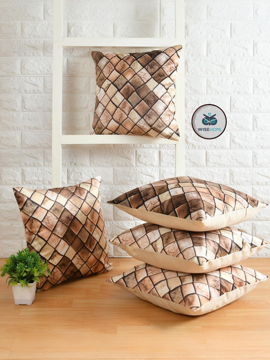 WiseHome Coffee Brown & Beige Set of 5 Velvet Printed Square Cushion Covers