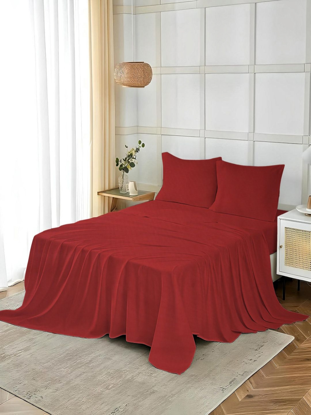 Threadwear Red 400 TC King Bedsheet with 2 Pillow Covers