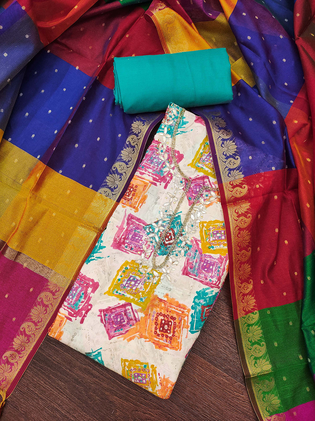 HERE&NOW Abstract Woven Design Beads & Stones Modal Cotton Unstitched Dress Material