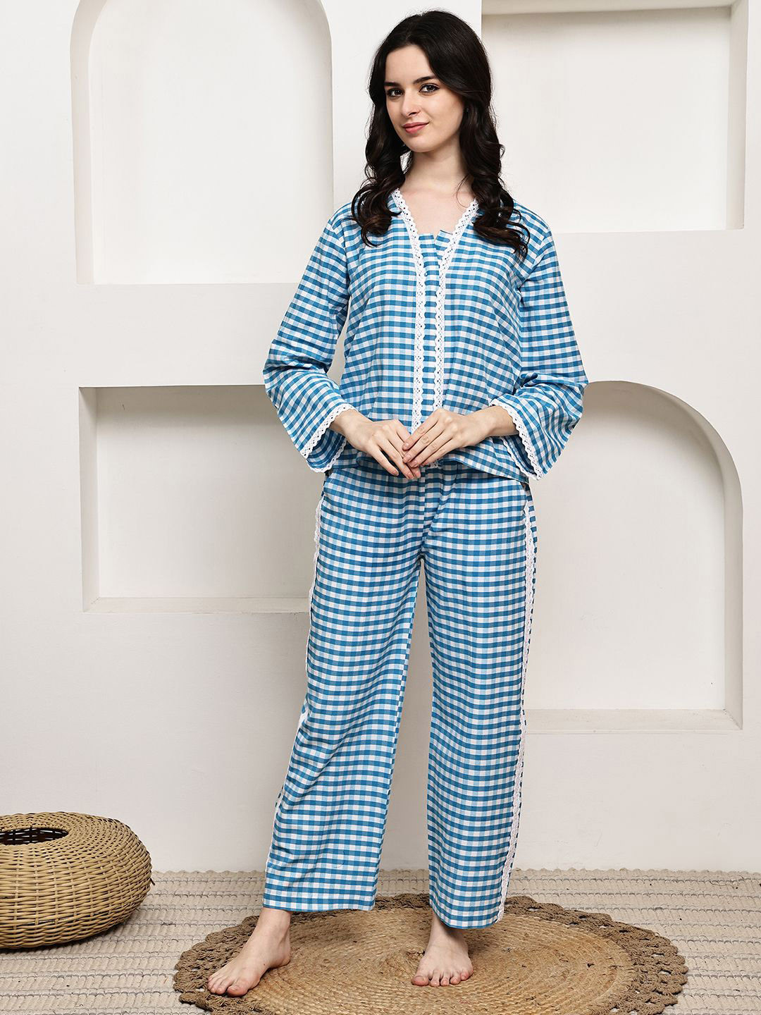 ETC Women Gingham Check Night suit