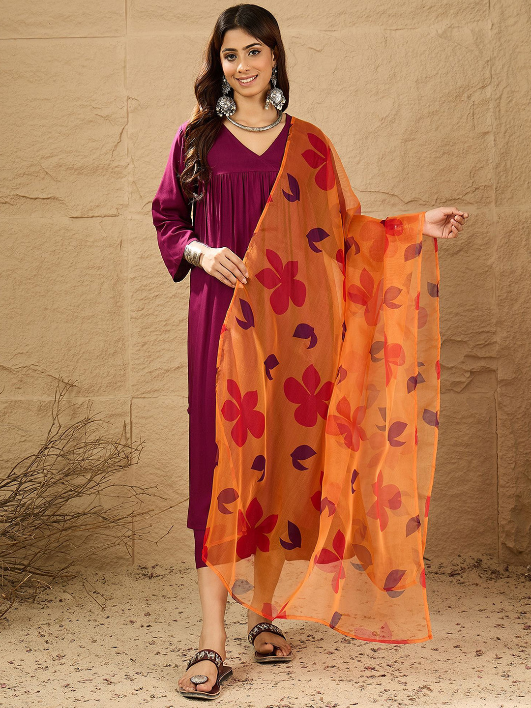 InWeave Pleated V-Neck A-Line Kurta With Palazzos & Dupatta