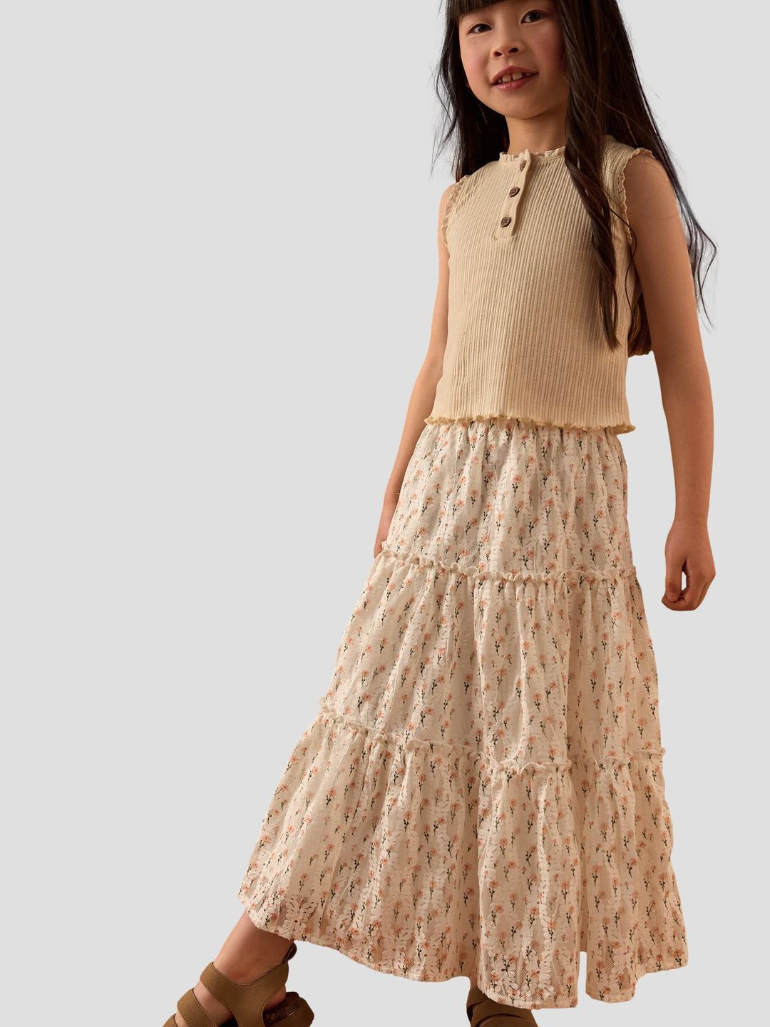 NEXT Girls Striped Detail Pointelle Top with Floral Print Tiered Skirt