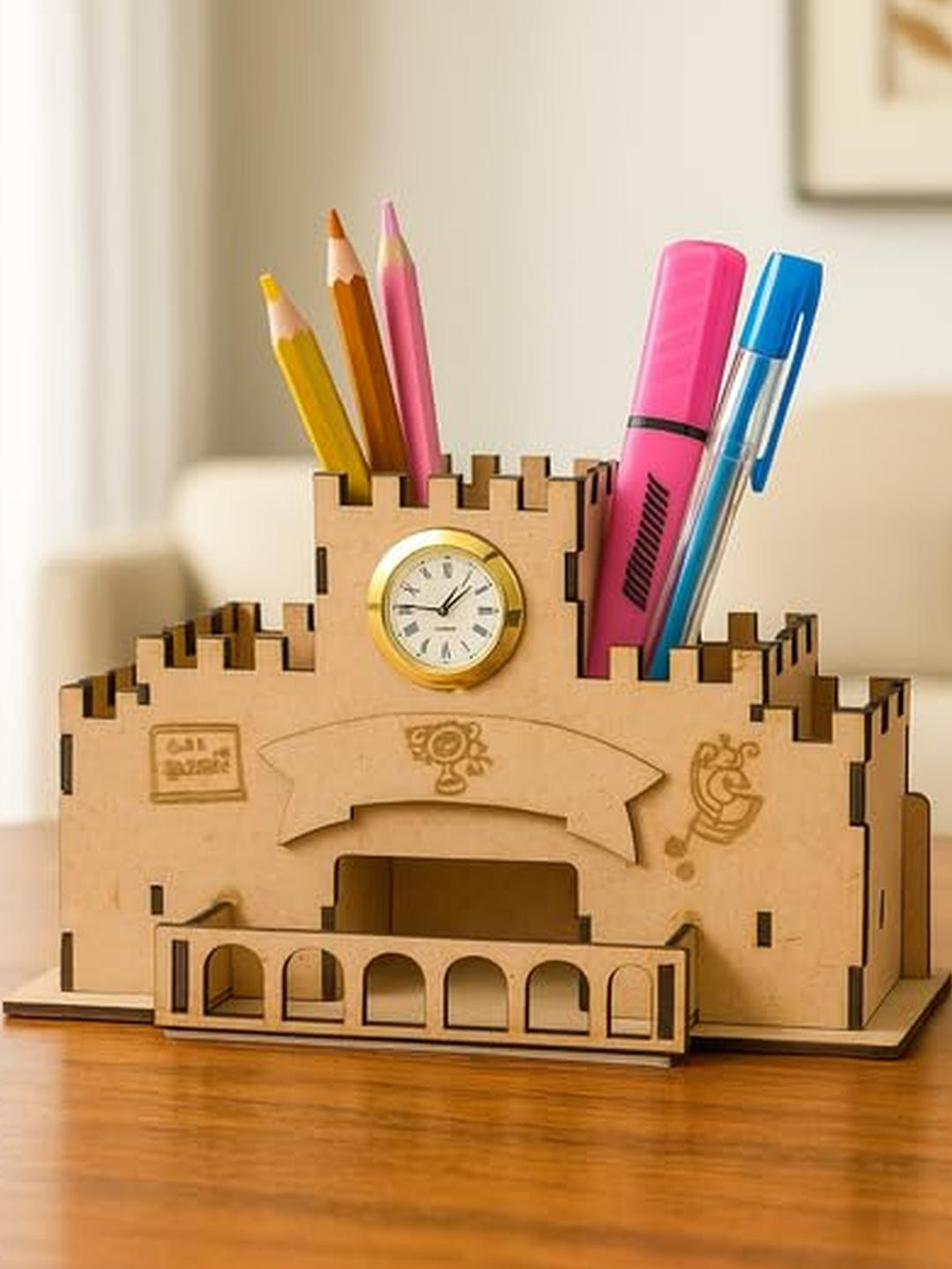 SOMIL Wooden Castle Design Pen Stand with Clock