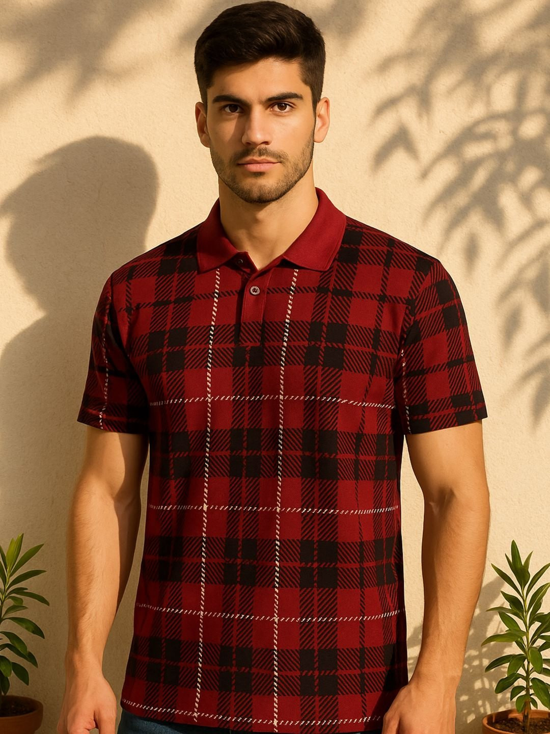SZN Men Maroon & Black Checked Polo Collar T-shirt