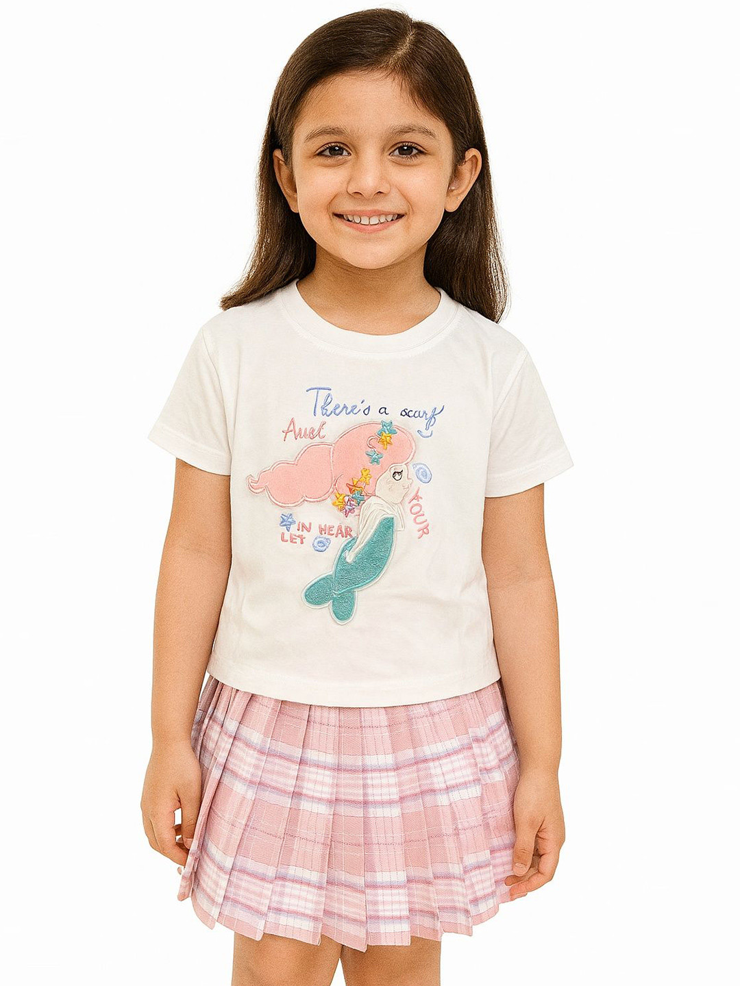 POP STREET KIDS Mermaid Plaid Magic Girls Embellished Round Neck T-shirt With Skirt