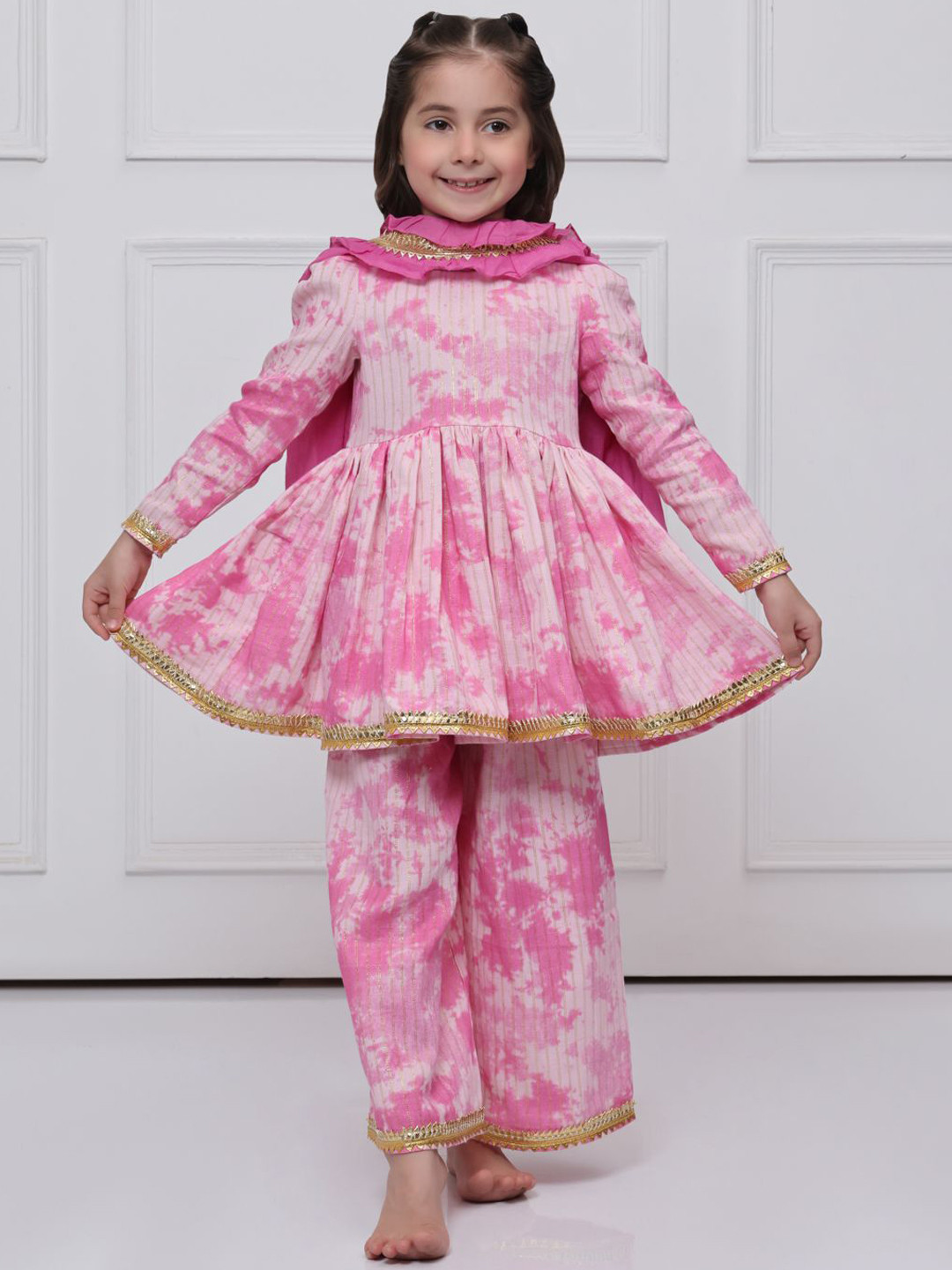 THE PONY & PEONY CO. Girls Abstract Printed Cotton A-Line Kurti with Palazzos & Dupatta