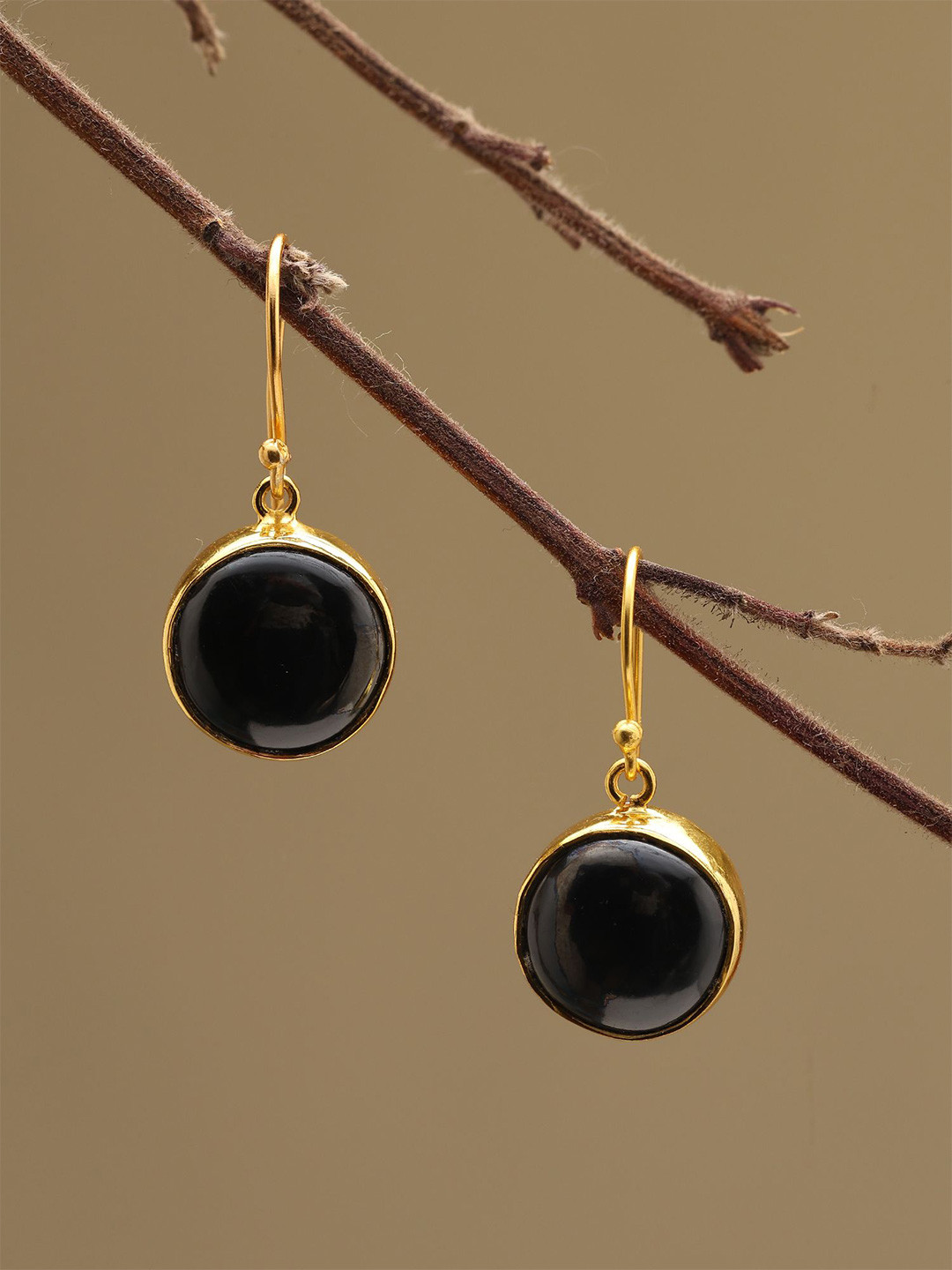 Exotic India Sterling Silver Gold-Plated Onyx Hematite Circular Drop Earrings