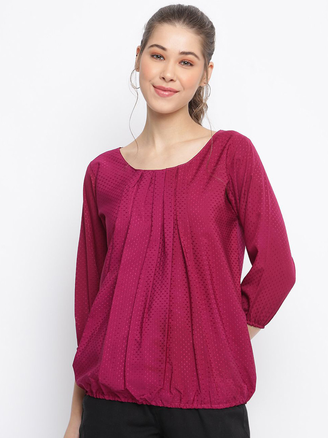 R.Code by The Roadster Life Co. Wome Round Neck Pleated Blouson Top