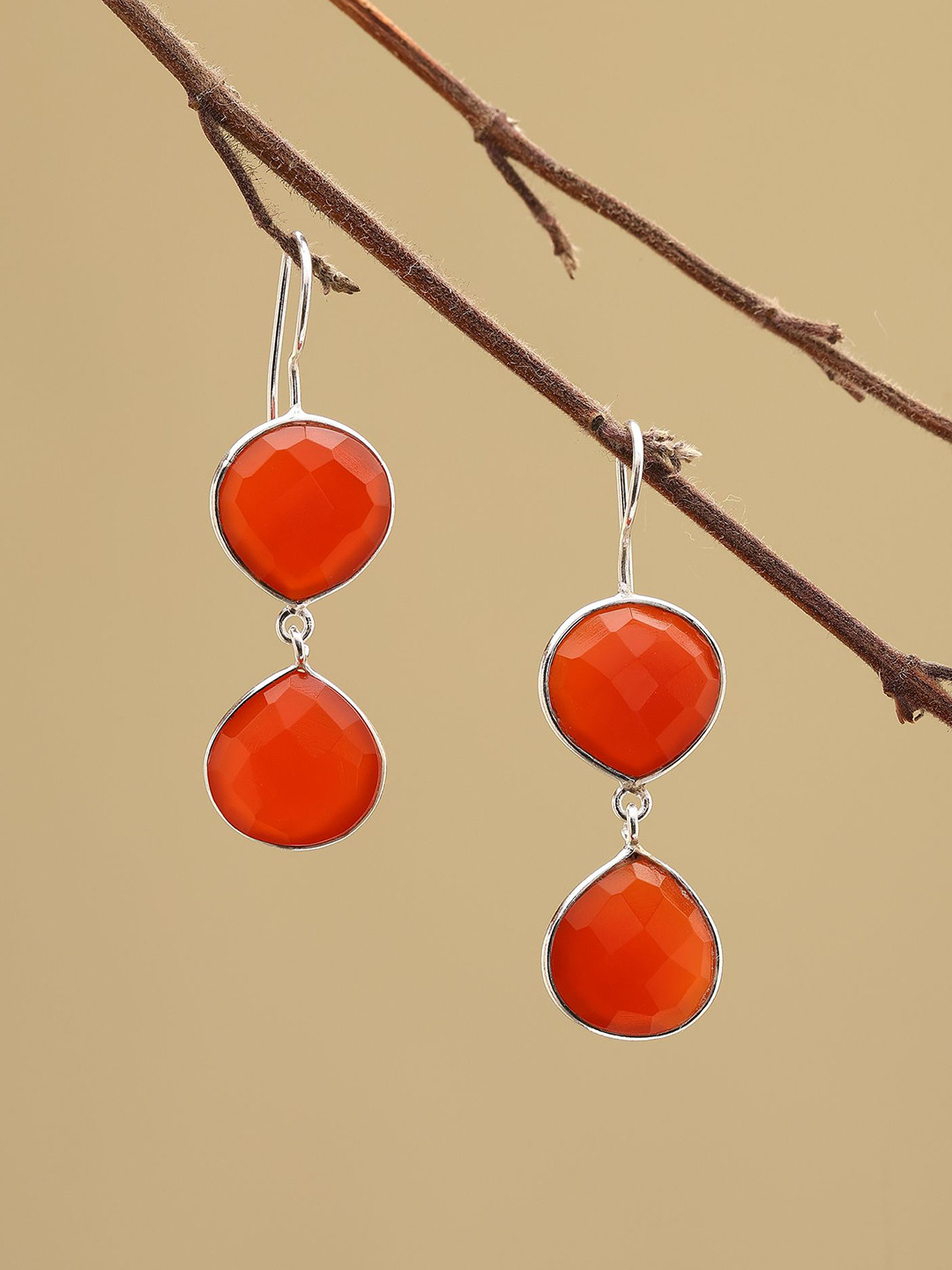 Exotic India Sterling Silver Onyx Gemstone Teardrop Shaped Drop Earrings