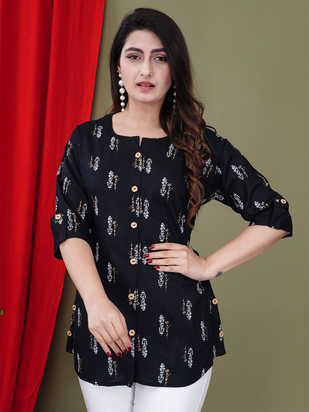 GUDWEARS Women Roll-Up Sleeves Top